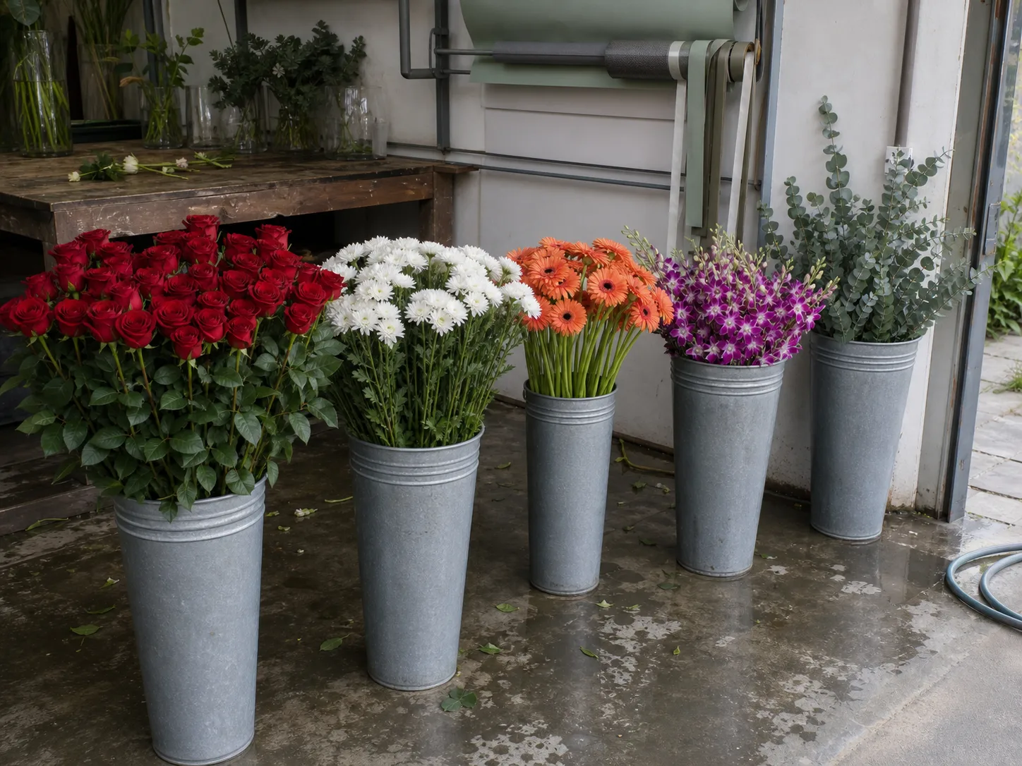A row of galvanised buckets holding roses, chrysanthemum, gerbera and orchid sprays on the shop’s concrete floor, with water pooled around them