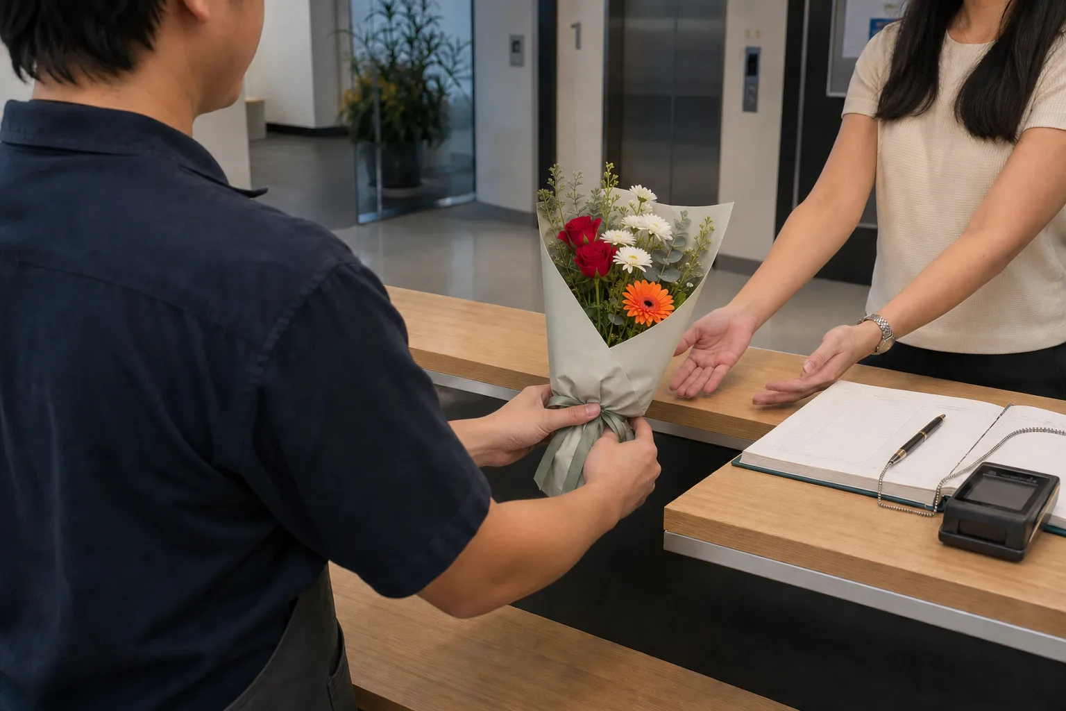 A wrapped bouquet passed across an office reception counter to a receptionist, photographed from behind the courier