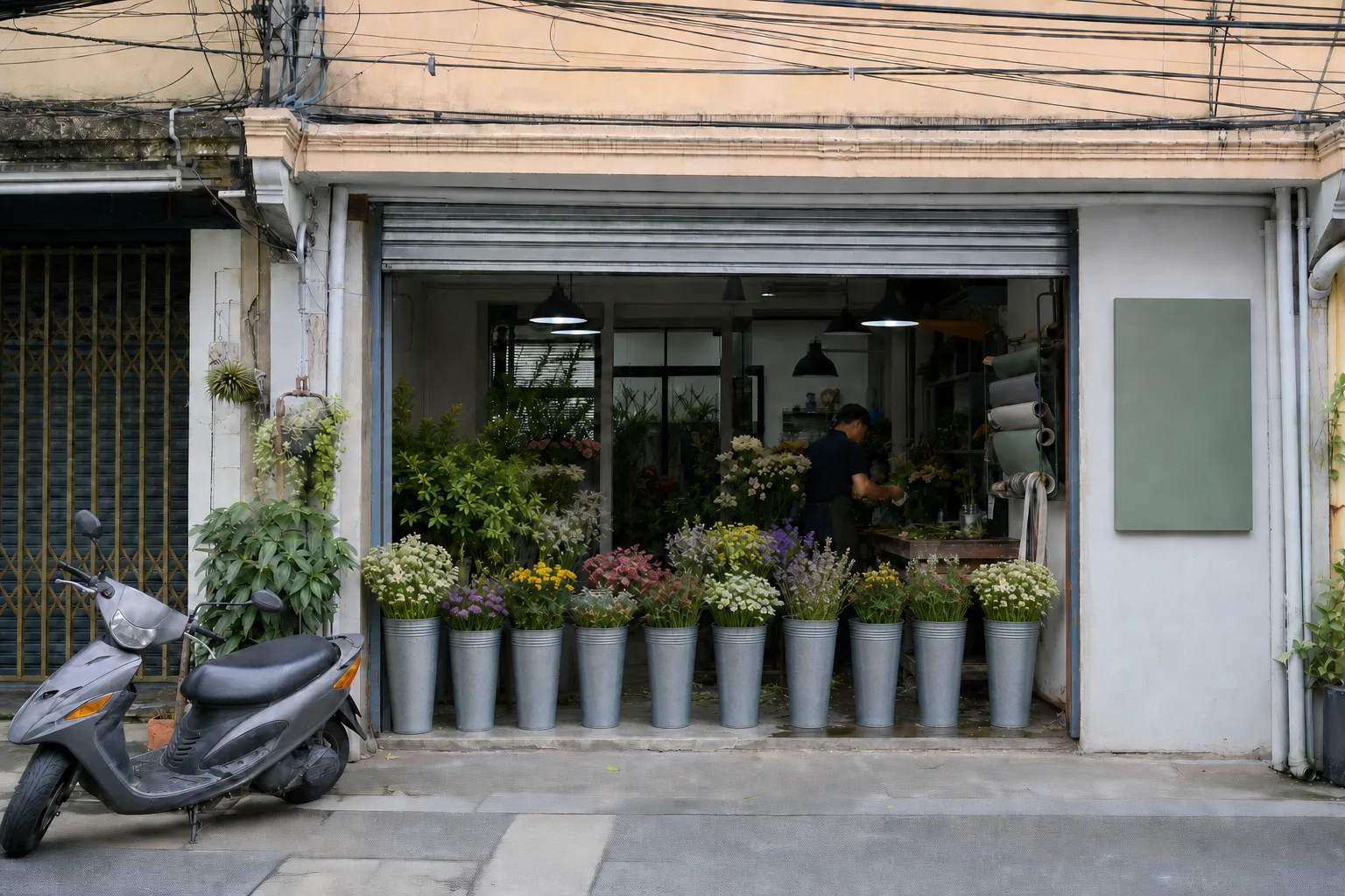 The open front of Bloom & Blossom seen from the soi in the morning, with galvanised buckets of cut flowers set out on the concrete