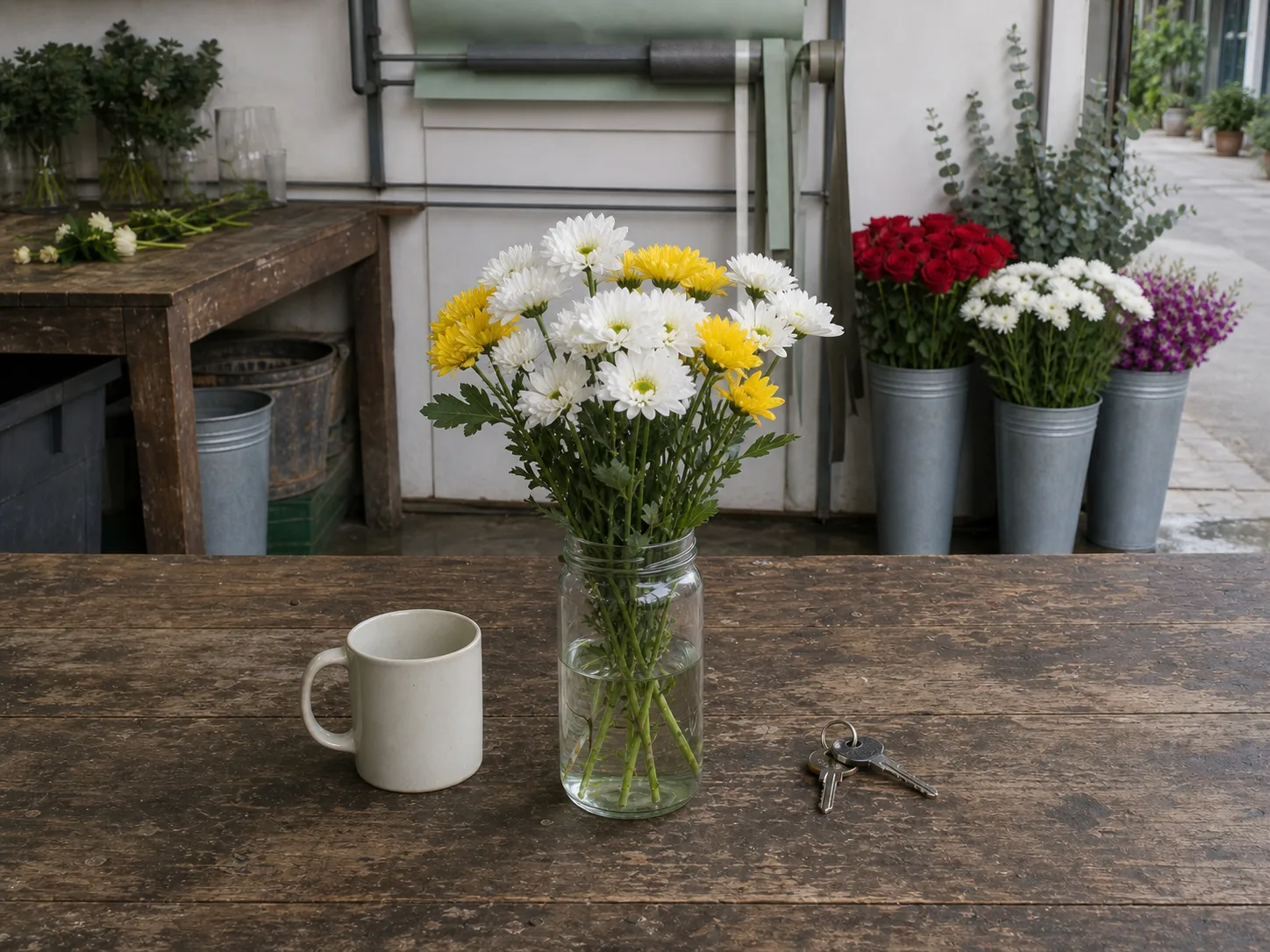 Nine white and yellow chrysanthemum stems in a glass jar on the shop’s work bench, with a mug and a set of keys beside them for scale