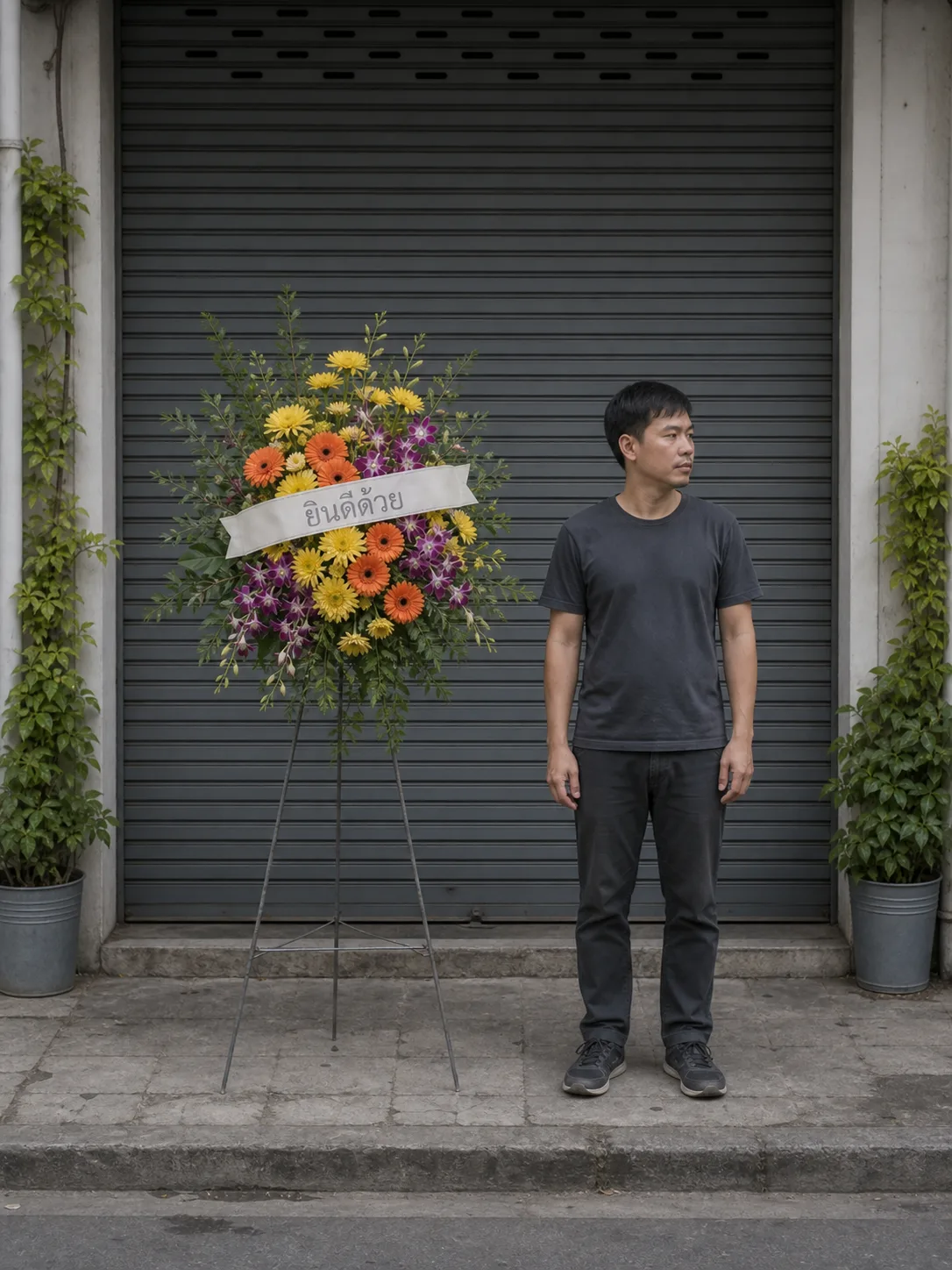 A floor-standing opening arrangement in yellow, orange and purple on a tripod frame, its ribbon reading ยินดีด้วย, on the pavement outside a shop whose shutter is still down, with a man standing beside it for scale