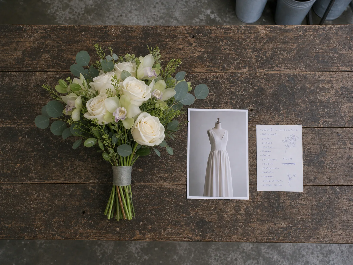 A hand-tied bridal bouquet of cream roses and pale orchid lying on the shop bench beside a printed photograph of a dress