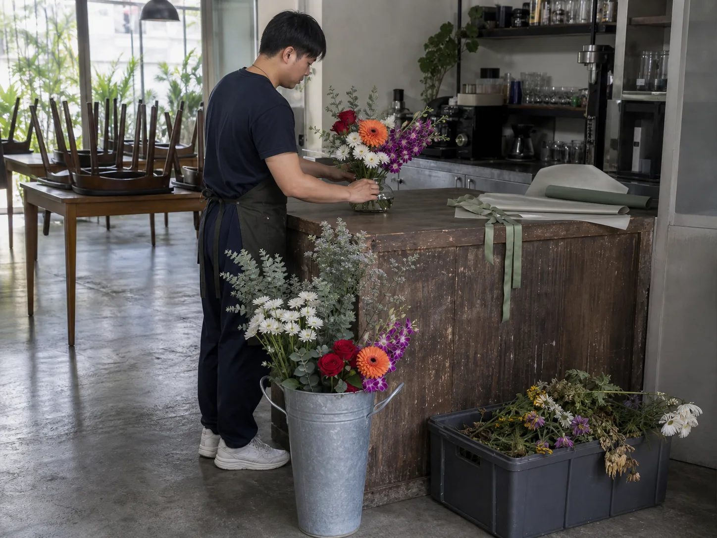 A florist setting a fresh vase arrangement on a café counter before opening, with last week&rsquo;s flowers in a crate on the floor