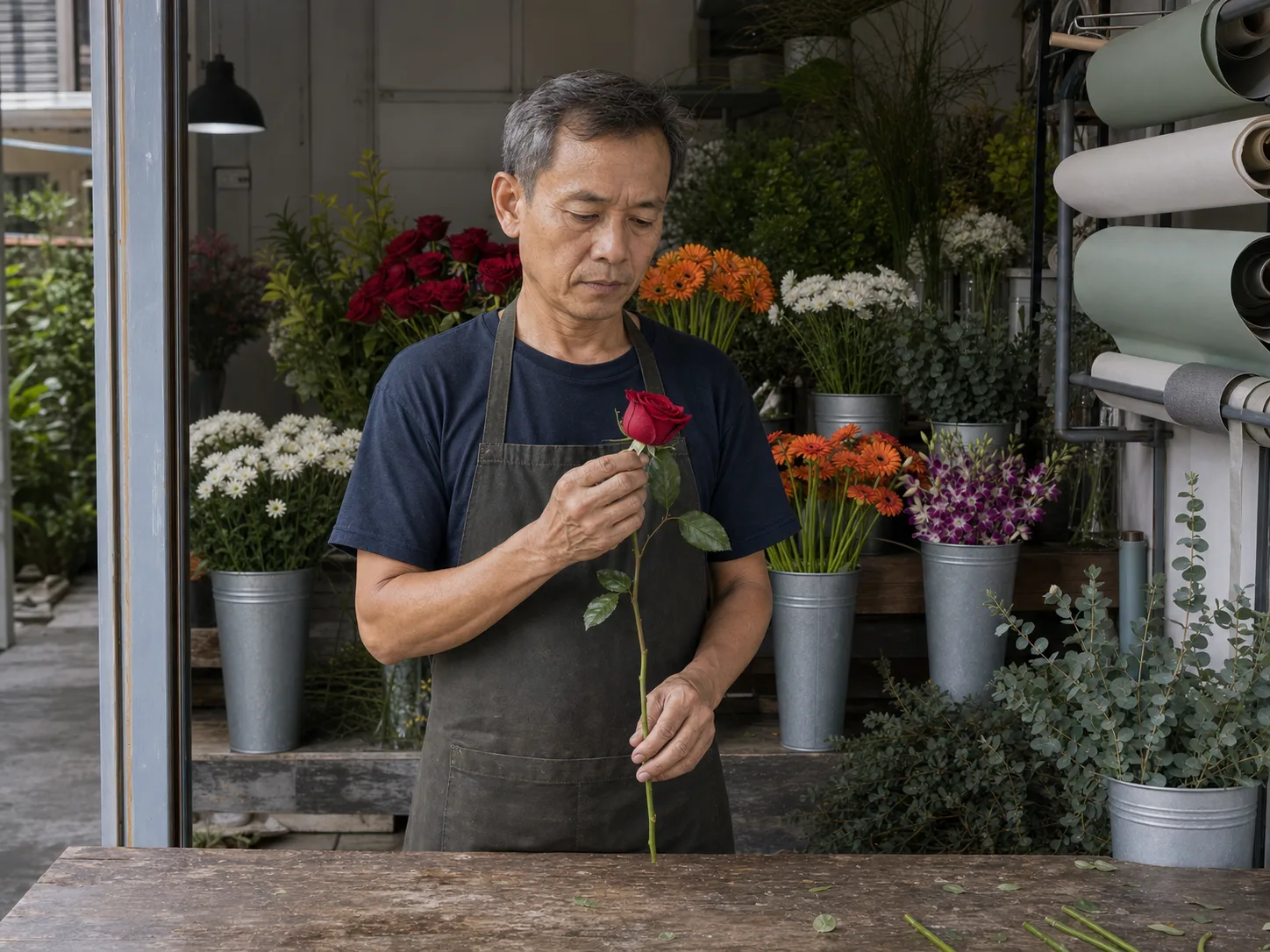 Chai standing at the work bench in a dark apron, holding a single rose at chest height and looking at it rather than at the camera