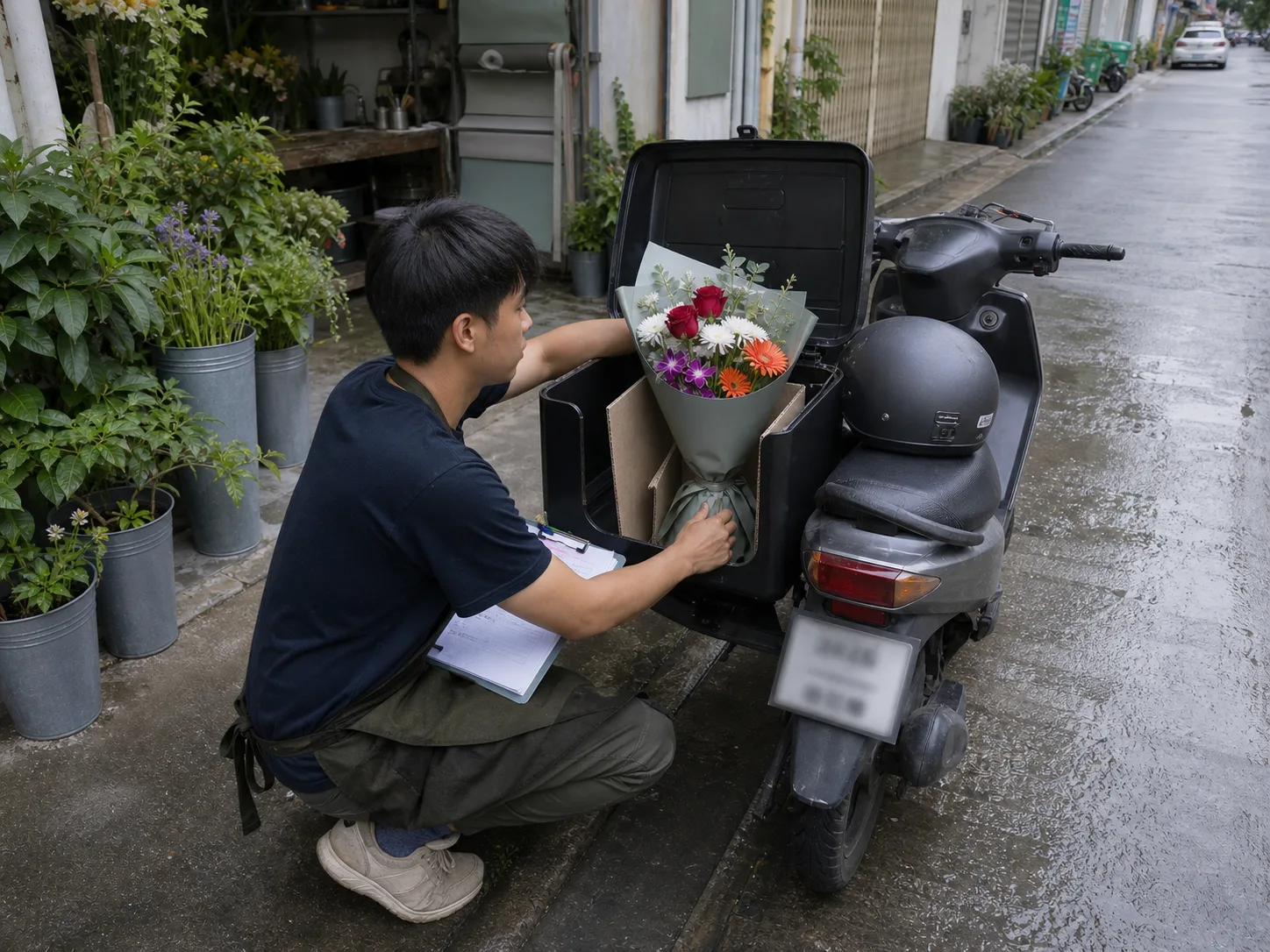 Ton crouching beside his motorbike top-box on the soi, wedging a wrapped bouquet upright with folded cardboard